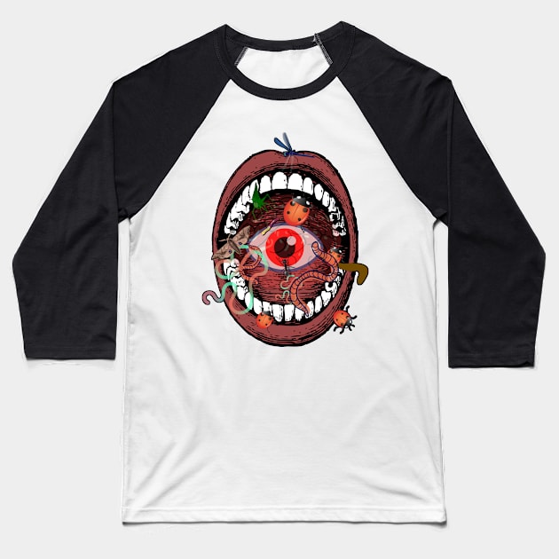 open mouth with eye and several bugs inside Baseball T-Shirt by JENNEFTRUST